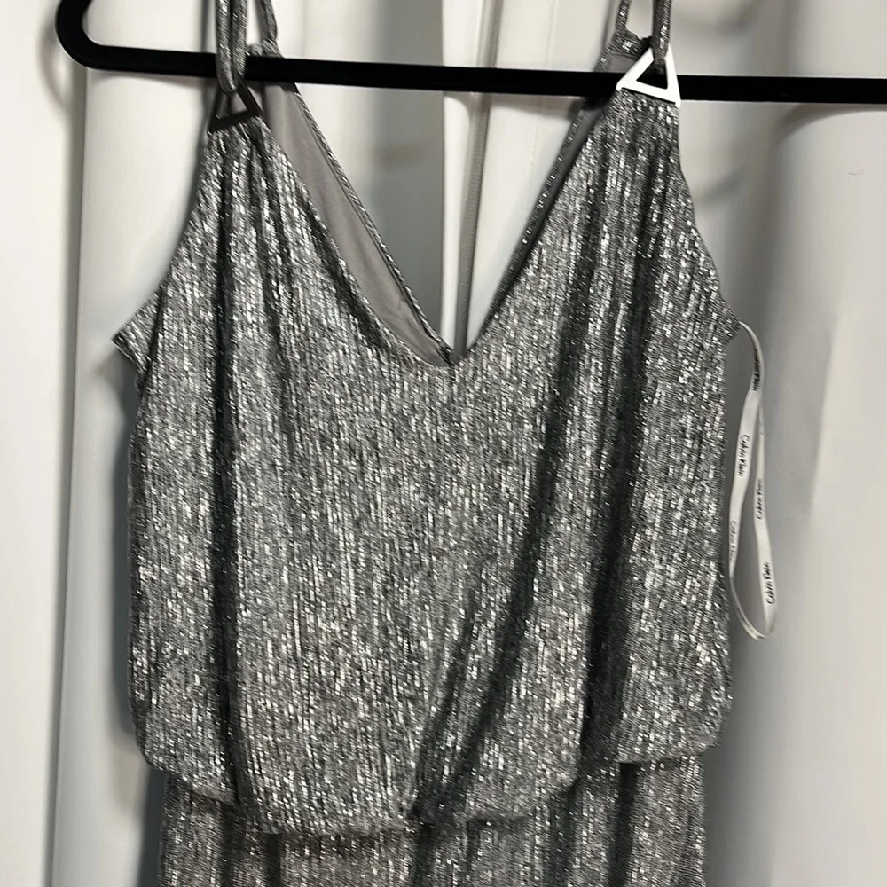 Calvin Klein Metallic Silver Spaghetti Strap evening Dress Size 4 - Picture 4 of 9